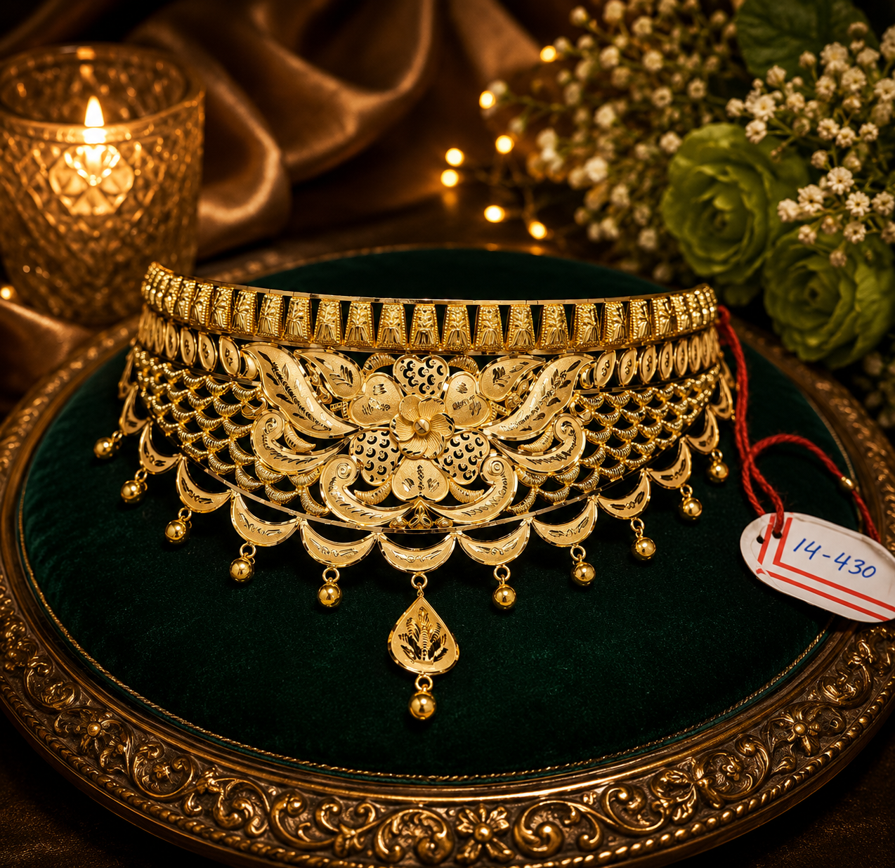 Premium 22K gold grand bridal choker with floral mesh and pendant drop, 14.430 grams