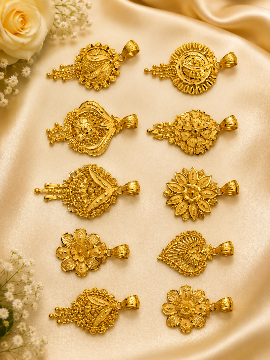 Gold pendant collection arranged on satin