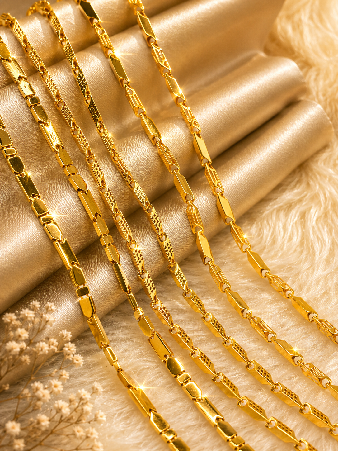 22K gold chain collection with elongated engraved links displayed on satin