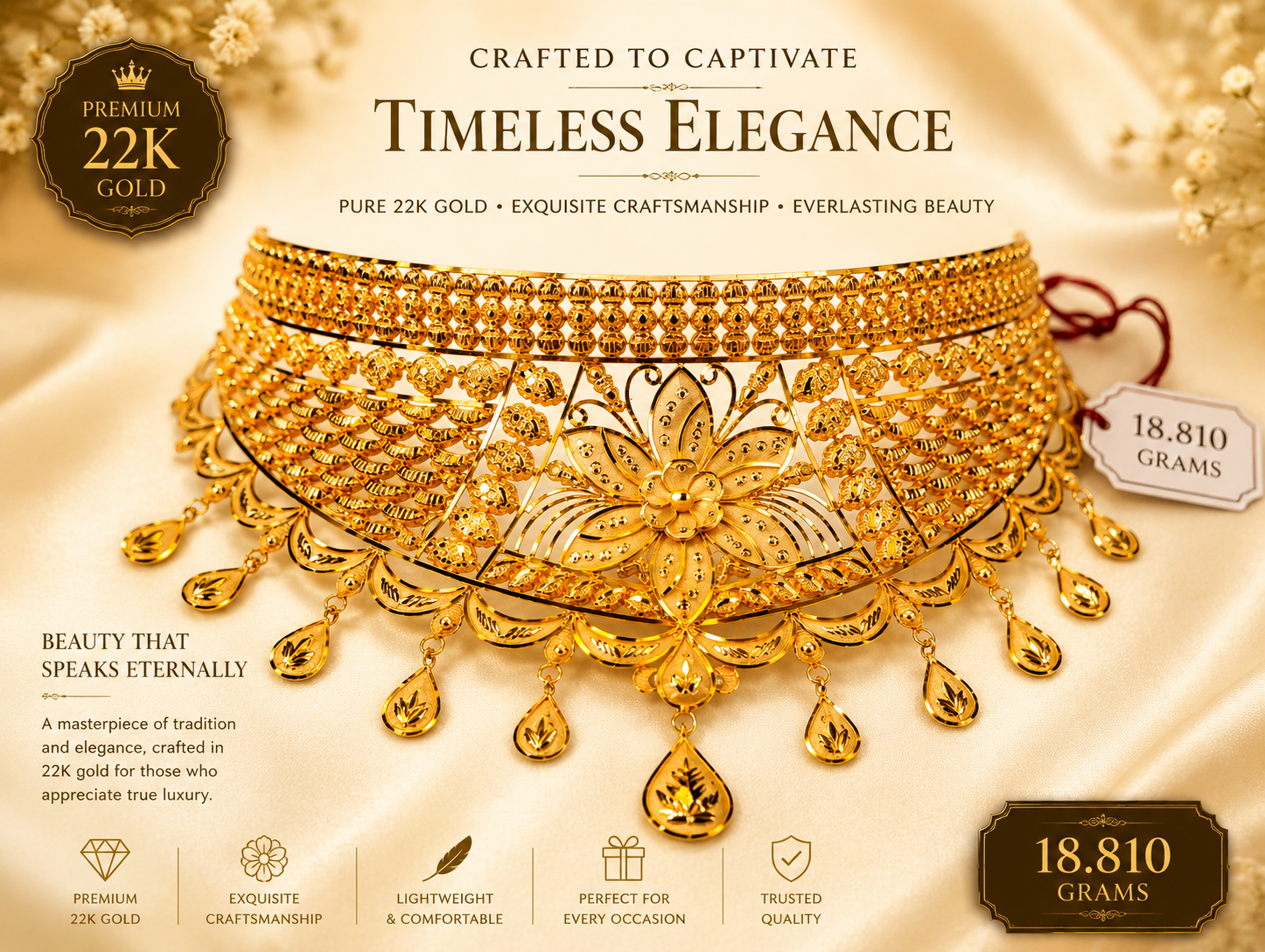 Premium 22K gold necklace with floral medallion and teardrop danglers, 18.810 grams