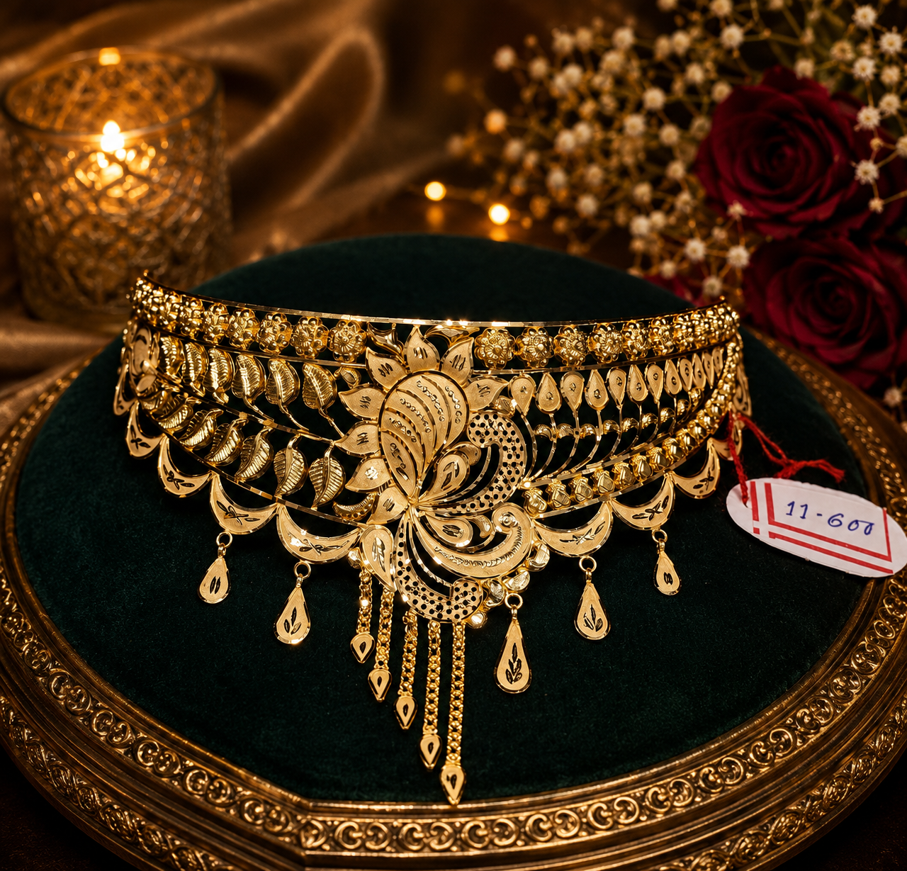 Premium 22K gold bridal choker with peacock motif and cascading danglers, 11.600 grams