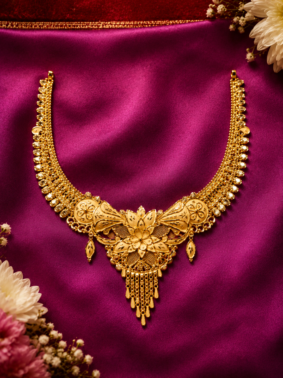 Ornate gold floral necklace displayed on rich magenta silk