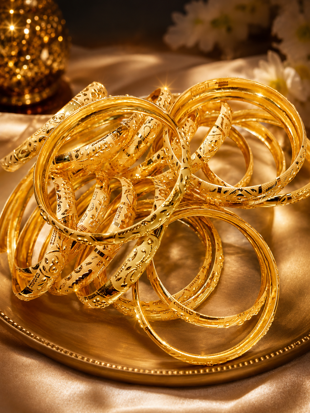 Engraved gold bangle collection arranged on a display tray