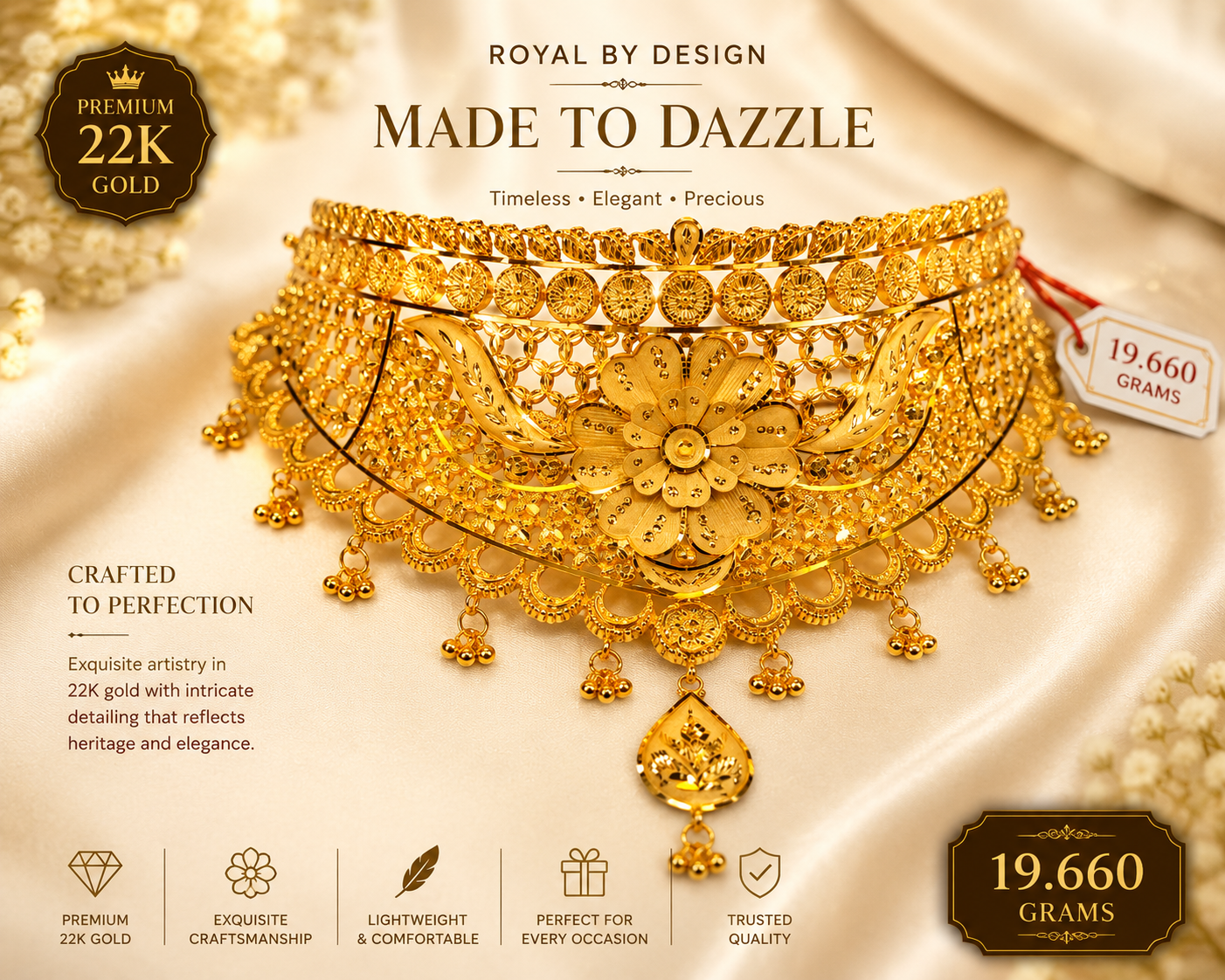 Premium 22K gold royal necklace with floral centerpiece, 19.660 grams