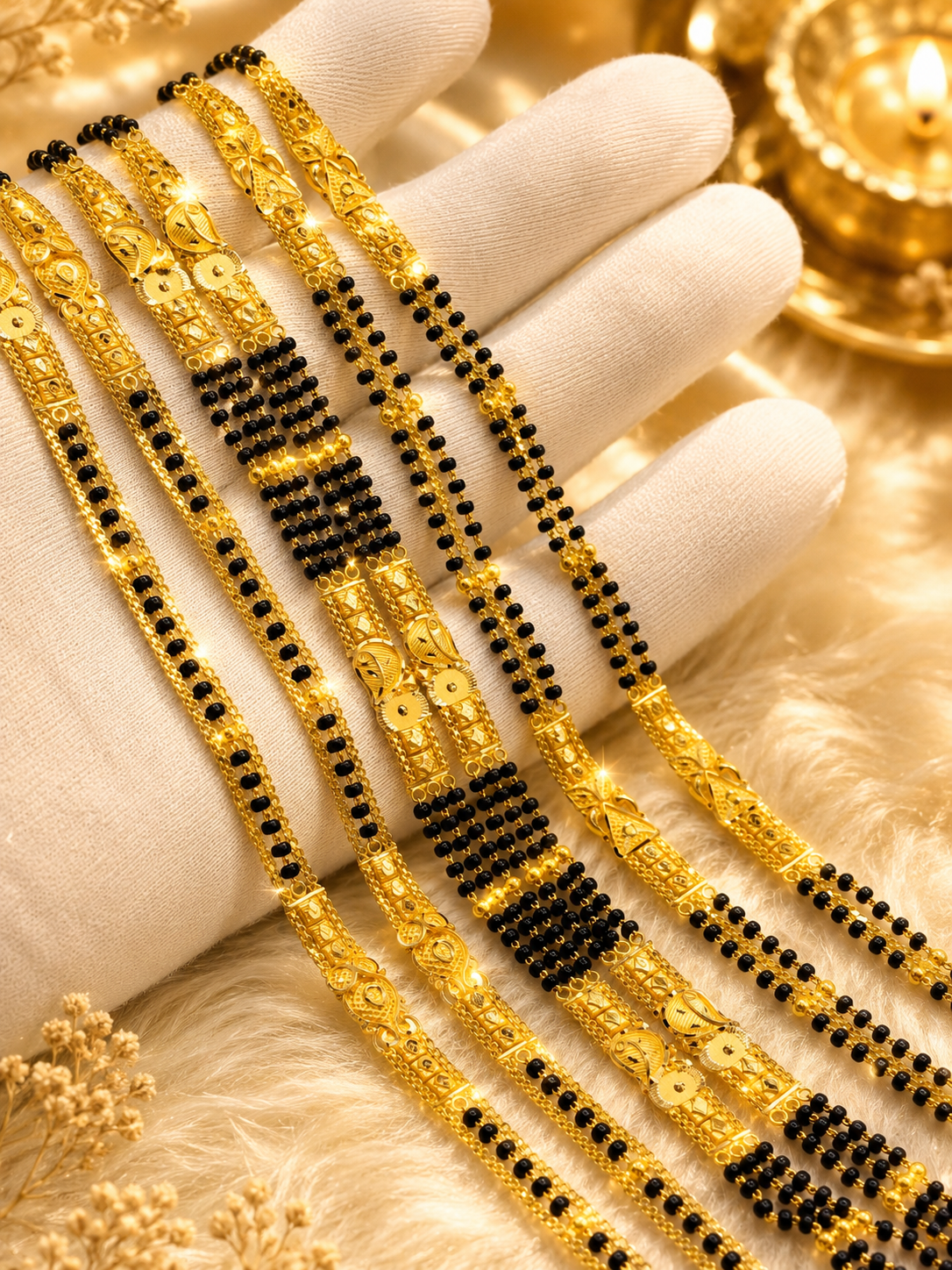 22K gold mangalsutra collection with intricate black bead strands and ornate centerpiece
