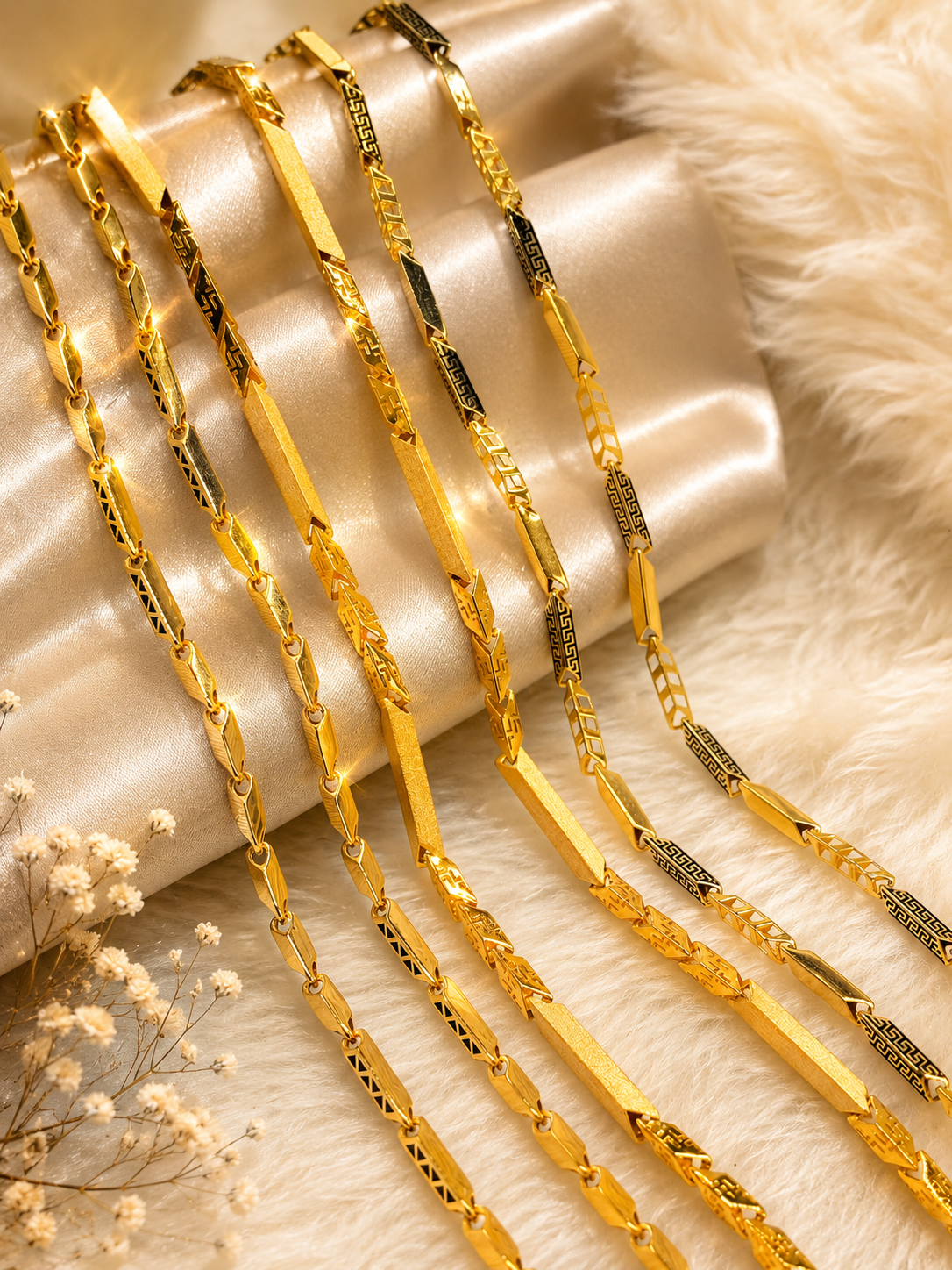 22K gold designer chain collection with black enamel and textured bar details