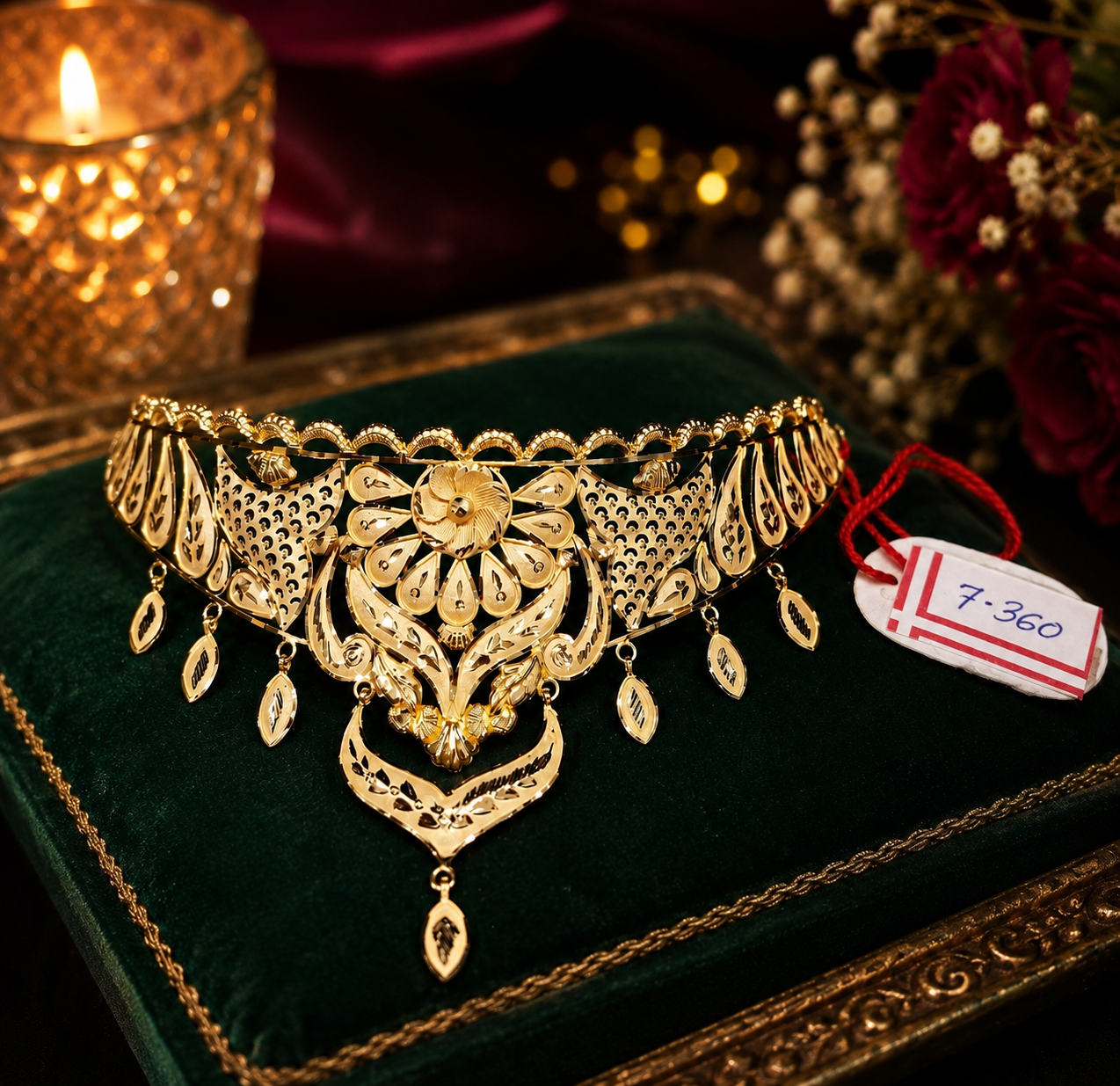 Premium 22K gold bridal choker with intricate floral centerpiece and teardrop danglers, 7.360 grams