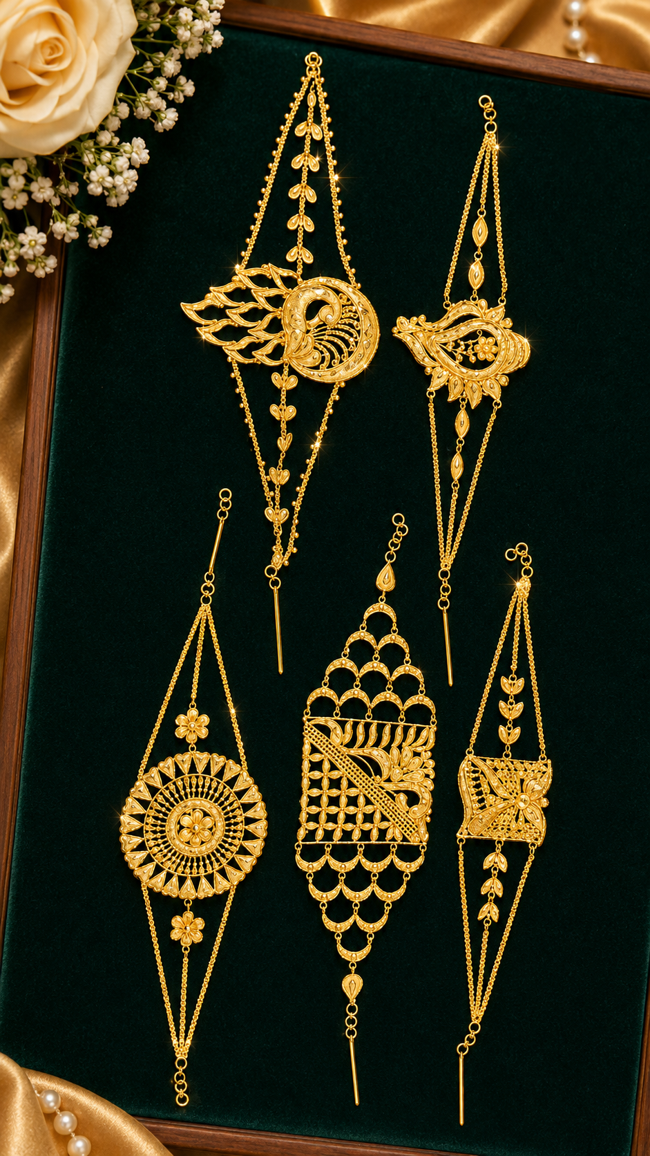 Traditional gold jewelry pieces displayed on green velvet