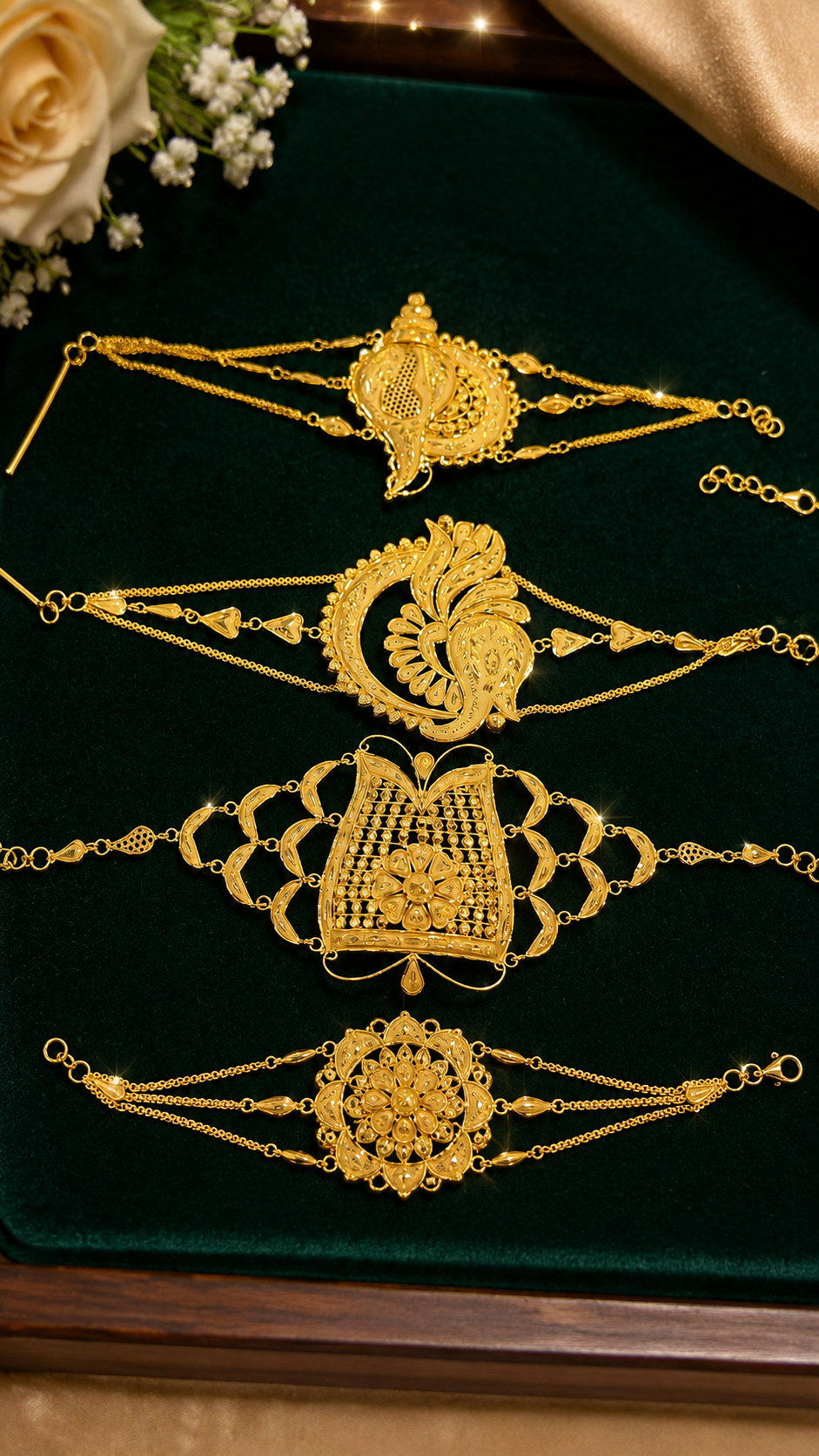 Traditional gold ornaments displayed on green velvet