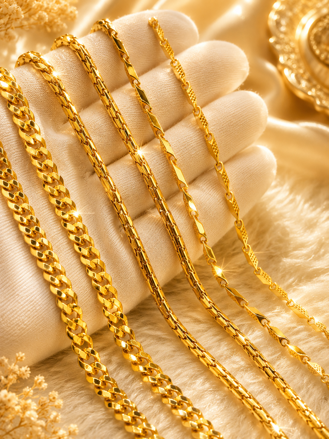 22K gold chain collection featuring premium Cuban, rope, and geometric link styles