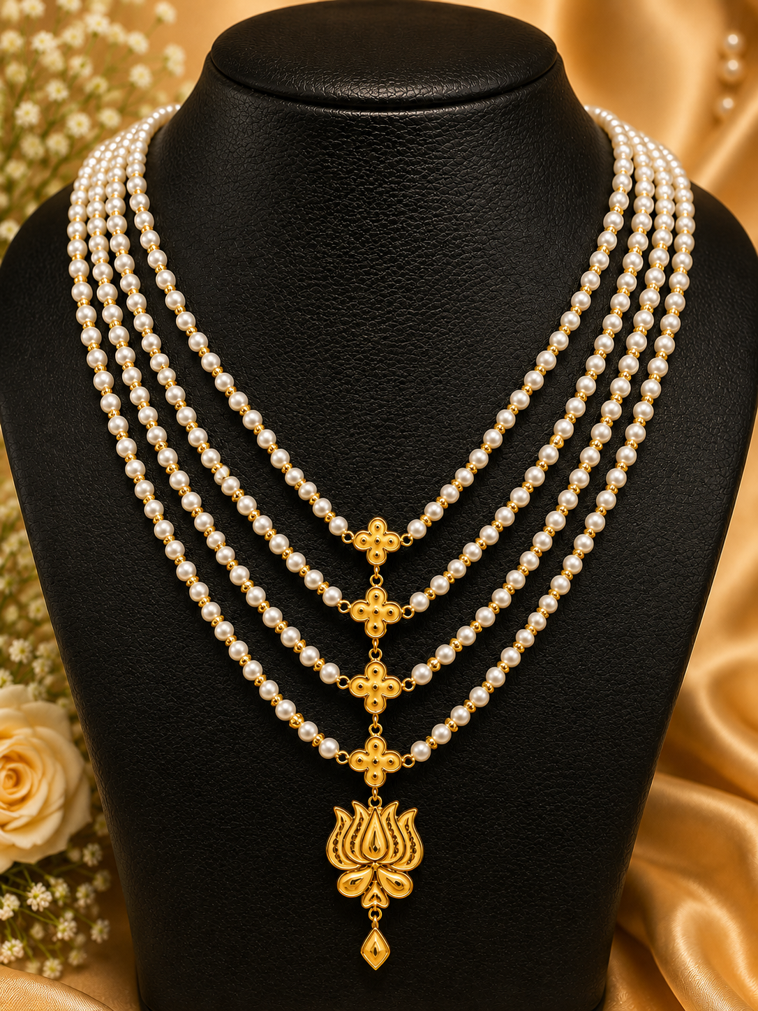 Layered pearl and gold necklace display on a jewelry bust