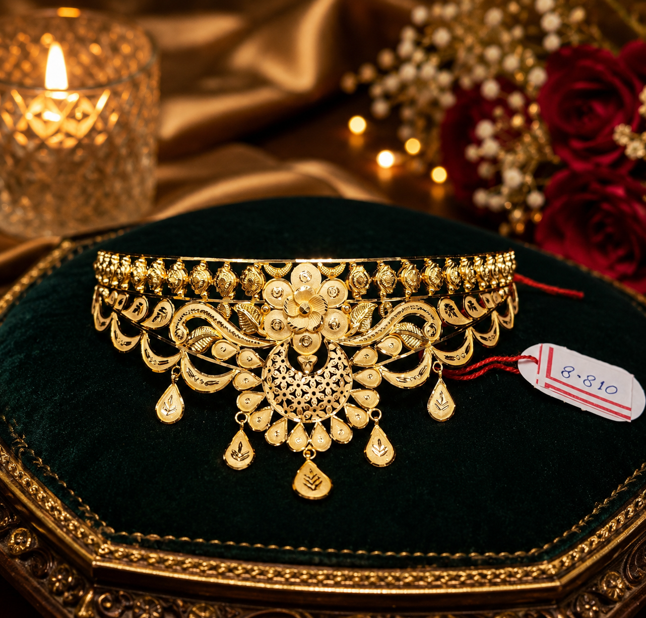 Premium 22K gold bridal choker with rosette centerpiece and chakra medallion, 8.810 grams