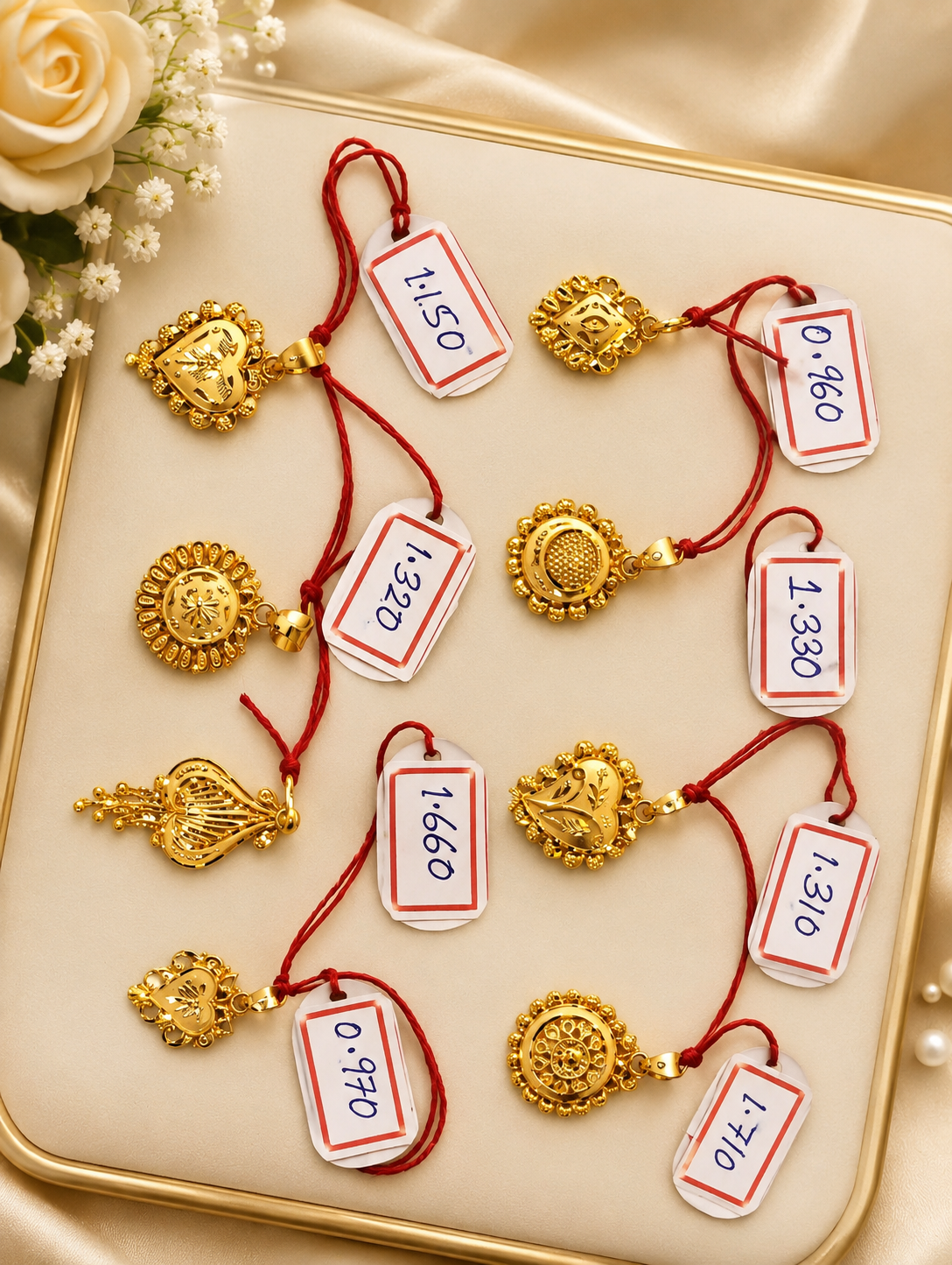 Small gold pendants with handwritten weight tags on a tray