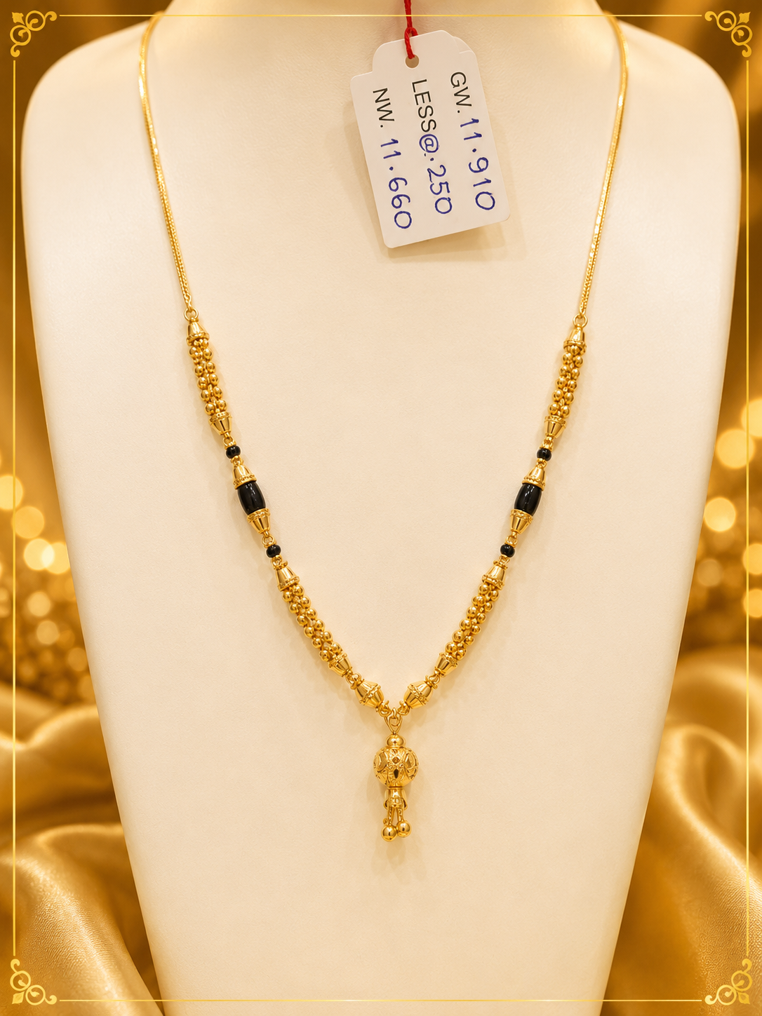 22K gold beaded necklace with black accents and intricate gold ball pendant, 11.660 grams