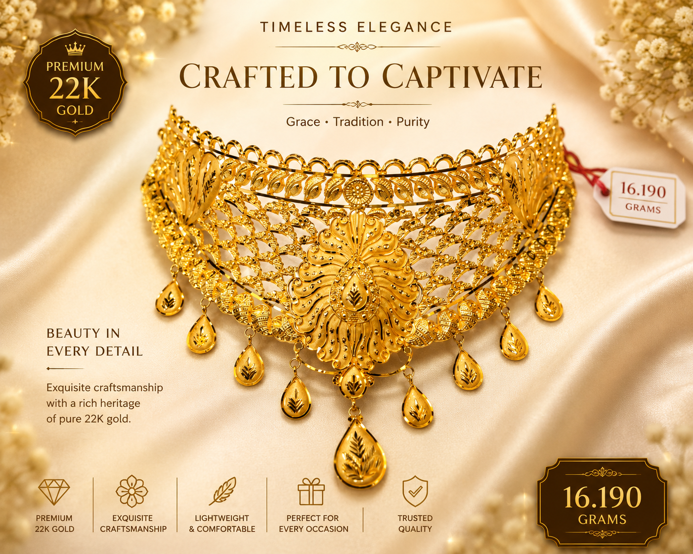 Premium 22K gold necklace with peacock motif centerpiece, 16.190 grams