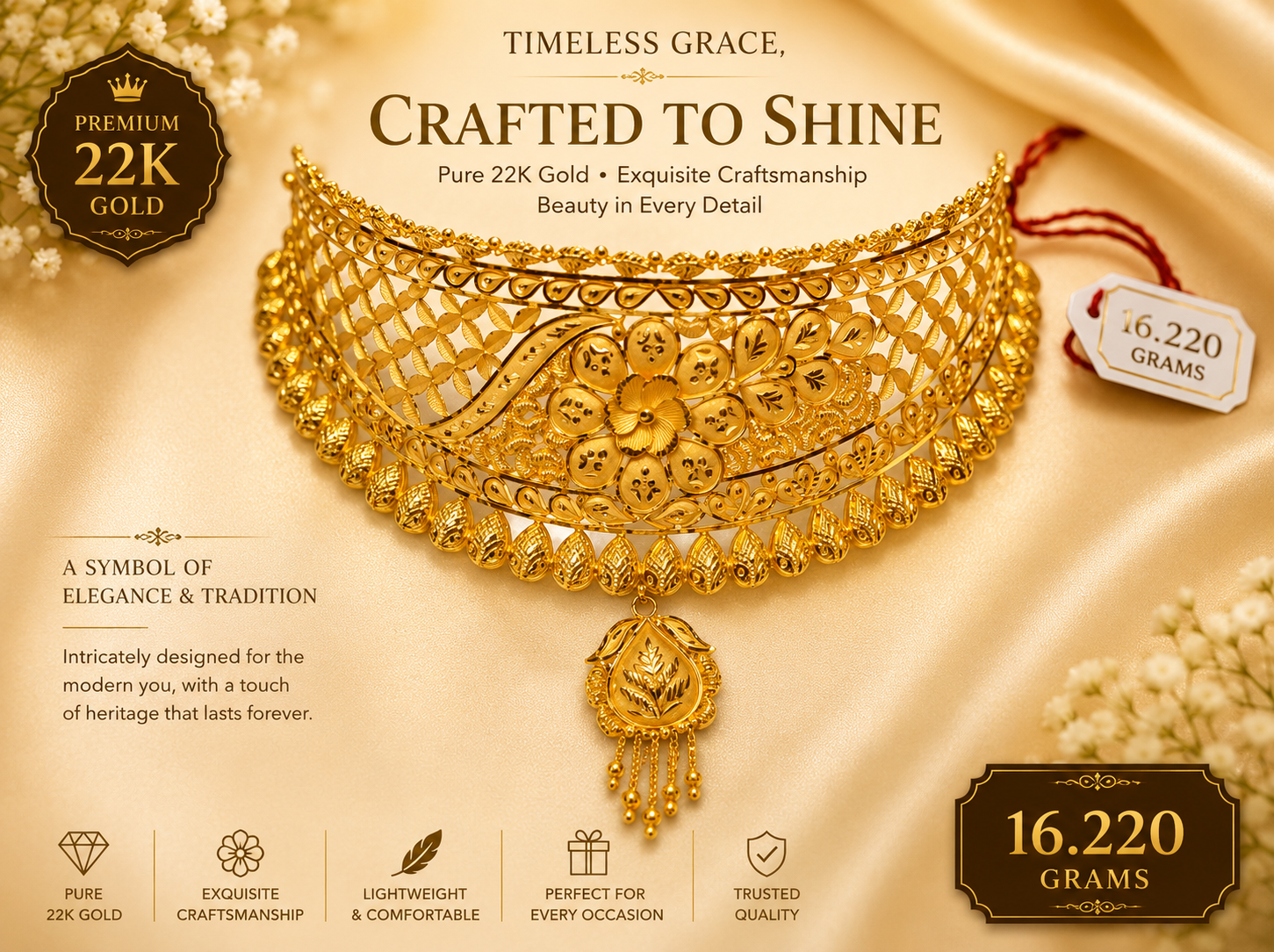 Premium 22K gold necklace with floral centerpiece and pendant drop, 16.220 grams