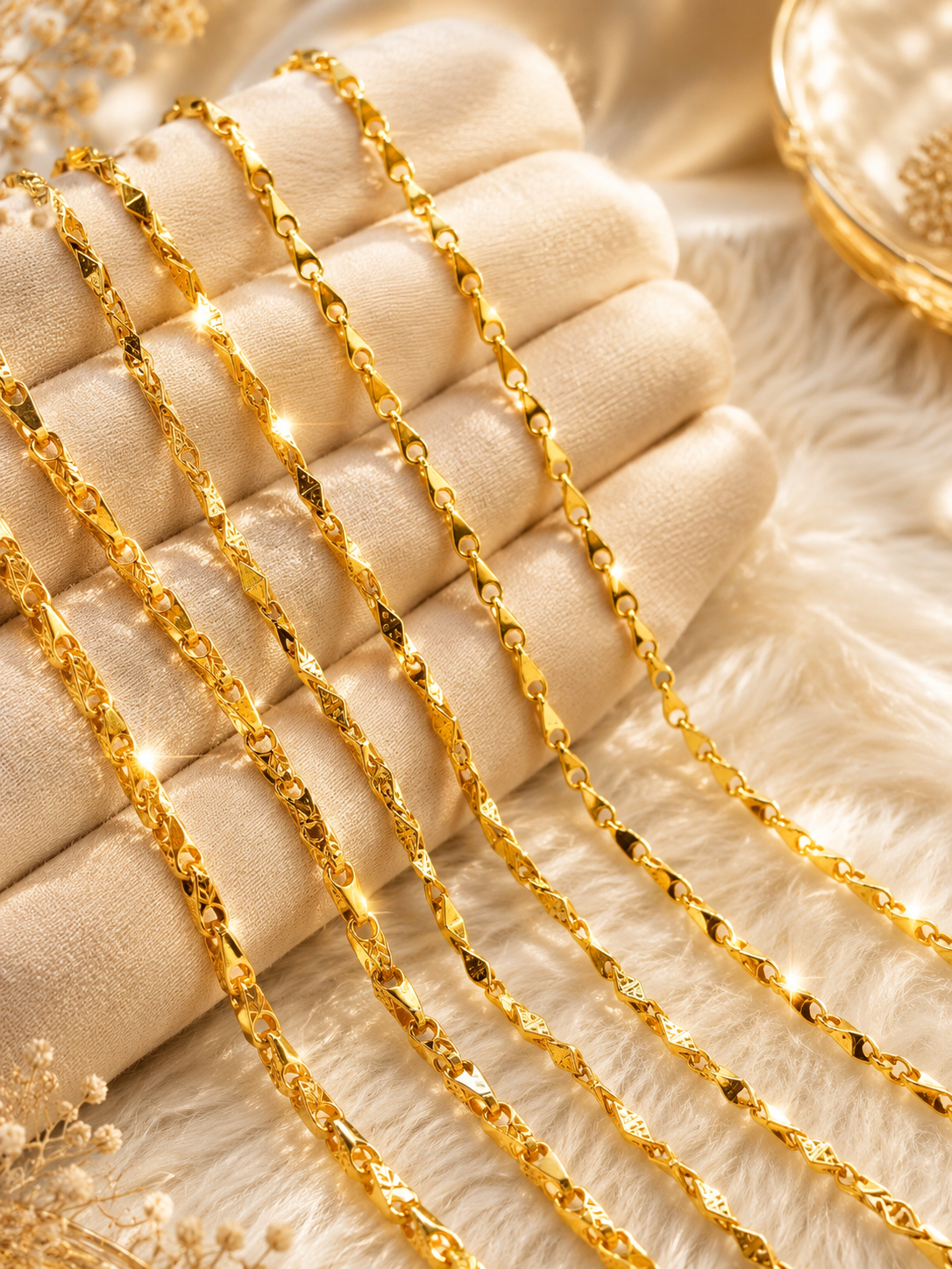 22K gold chain collection with delicate twisted and teardrop-inspired links